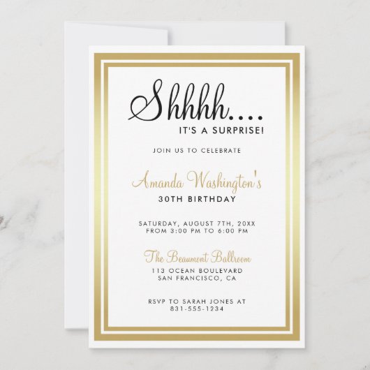 シーッ…驚いた!エレガント金ゴールド誕生日 招待状 (正面)