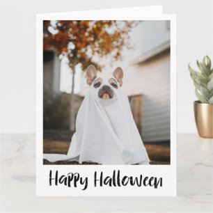 シーツの幽霊コスチュームの面白い犬のハロウィンカード カード