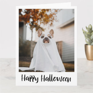 シーツの幽霊コスチュームの面白い犬のハロウィンカード カード
