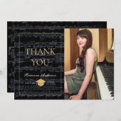 シートミュージックブラック&金ゴールドフォトサンキューカード 招待状 (正面/裏面)