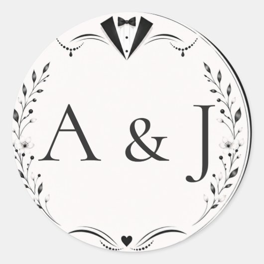 シート：黒と白の花嫁花婿モノグラム結婚式シール ラウンドシール (正面)