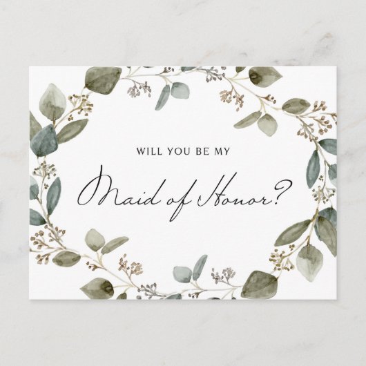 シード済ユーカリリースビーマイメイド・オブ・オーナー(花嫁付き添い人) インビテーションポストカード (正面)