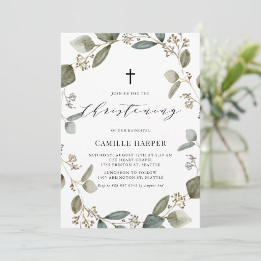 シード素朴ユーカリリース《キリスト教》洗礼式や命名式 招待状 (スタンド正面)