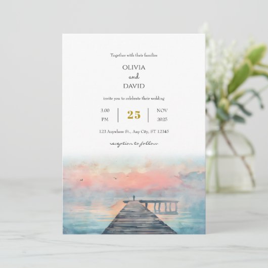 シーニックパステルドーン魚釣りピアアートビーチ結婚式 招待状 (スタンド正面)