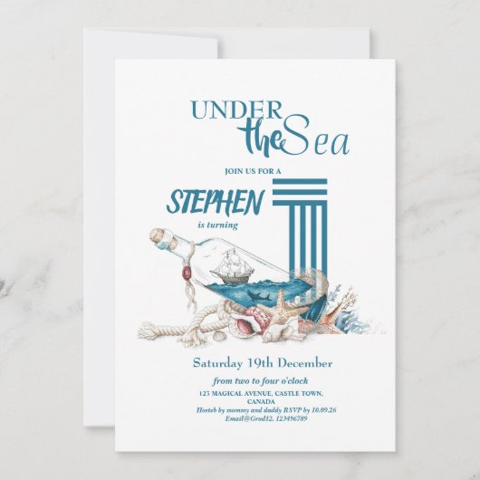 シーネイビーブルーキッズの下で1th誕生日パーティー 招待状 (正面)