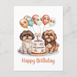 シーハートゥーの犬たちお誕生日おめでとう!ハッピーバースデーケーキ ポストカード