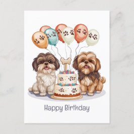 シーハートゥーの犬たちお誕生日おめでとう!ハッピーバースデーケーキ ポストカード