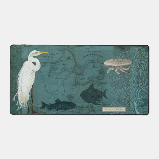 シーバードボタニカルヘロンフィッシュクラゲティール(緑がかった色)ブルー デスクマット (正面)