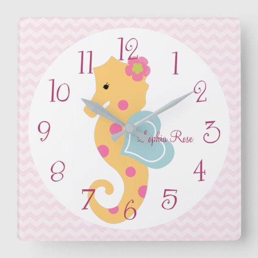 シーパーソナライズされたライフシーホース子供部屋時計 スクエア壁時計 (正面)