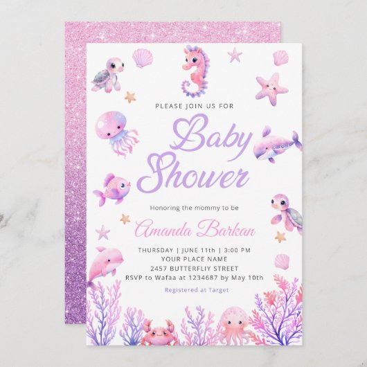 シーパープルかわいい赤ちゃんシャワーの下 招待状 (正面/裏面)