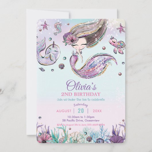 シーパープルかわいらし誕生日の下の可愛い人魚 招待状 (正面)