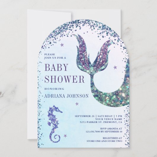 シーパープルマーメイドアーチベイビーシャワーの下 招待状 (正面)