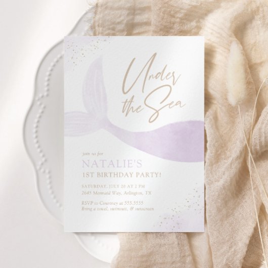 シーパープルマーメイドガールバースデーパーティーの下 招待状