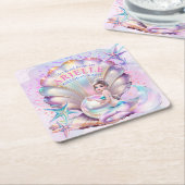 シーパープル&ティール(緑がかった色)マーメイド誕生日Bashの下 スクエアペーパーコースター (アングル)