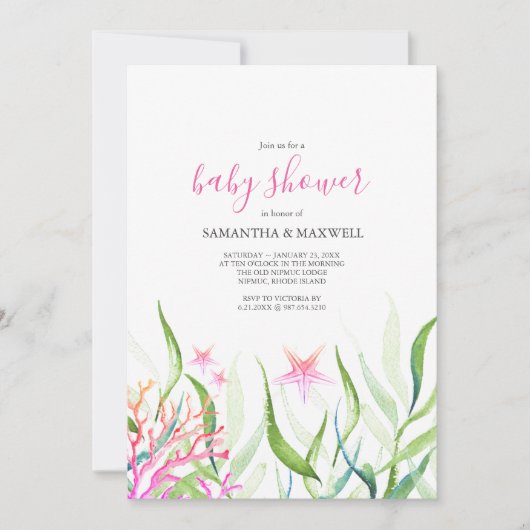 シーピンクと緑の赤ちゃんシャワーの下で 招待状 (正面)