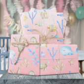 シーピンクの下のベビーブルーホエールタコ ラッピングペーパーシート