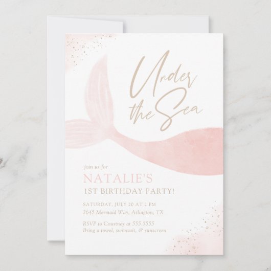 シーピンクの人魚の女の子の誕生日パーティーの下 招待状 (正面)