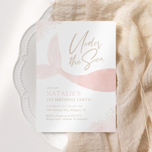シーピンクの人魚の女の子の誕生日パーティーの下 招待状