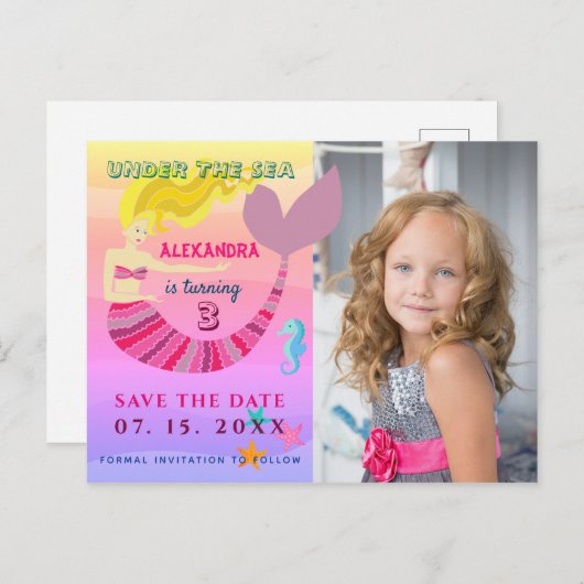 シーピンクの人魚の誕生日の下で日付を保存 案内ポストカード (正面/裏面)