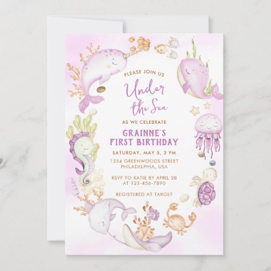 シーピンクの少女の最初の誕生日パーティーの下 招待状 (正面)