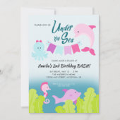 シーピンクドルフィンガールの誕生日パーティーの下 招待状 (正面)