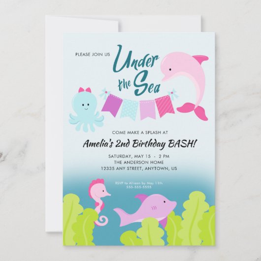 シーピンクドルフィンガールの誕生日パーティーの下 招待状 (正面)