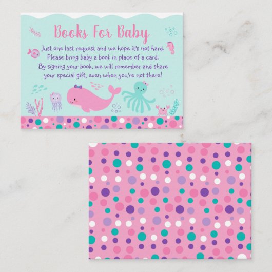 シーピンク紫の赤ちゃんシャワーのブックリクエストの下 エンクロージャーカード (正面/裏面)