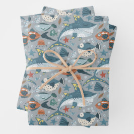 シーフィッシュの下にかわいいサメ子供の誕生日 ラッピングペーパーシート