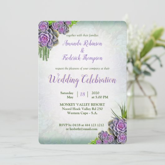 シーフォームとレイベンの多肉質のブーケ結婚ヒュース 招待状 (スタンド正面)