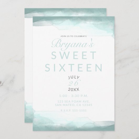 シーフォームグリーンウォーターモダンカラーシック甘い16 招待状 (正面/裏面)