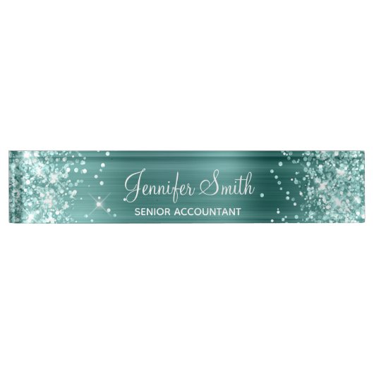 シーフォームグリーングリッターフェイクアクアティール（緑がかった色）箔 デスクネームプレート (正面)