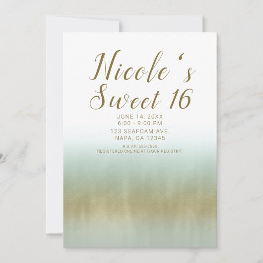 シーフォーム金ゴールドホワイトエレガントビーチスウィート16 招待状 (正面)