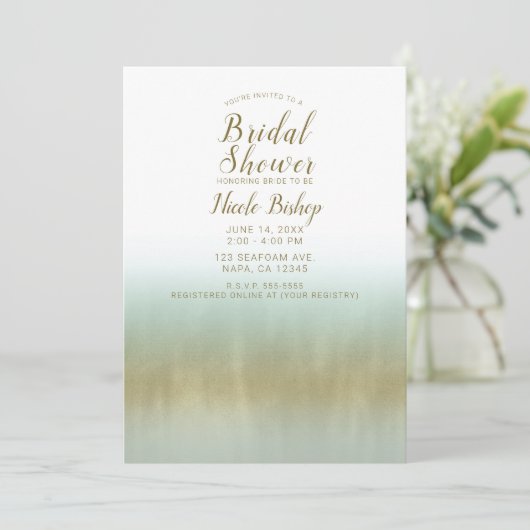 シーフォーム金ゴールドホワイトエレガントビーチブライダルシャワー 招待状 (スタンド正面)