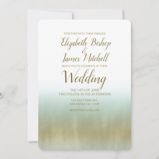 シーフォーム金ゴールドホワエレガントイモダンビーチ結婚ズ 招待状 (正面)