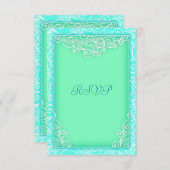 シーフオムアクアアンドグリーンウェーブビーチ結婚式RSVP 出欠カード (正面/裏面)