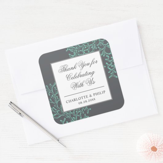 シーフオムグリーンとグレー沿岸結婚の感謝 スクエアシール (封筒)