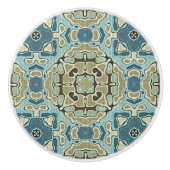 シーフオムグリーンティール(緑がかった色)ブルーオークレエスニックトリブアート セラミックノブ (正面)