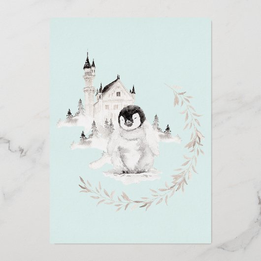 シーフオムペンキンベビーそれが冷たいアウトサイドシルバー 箔招待状 (裏面)