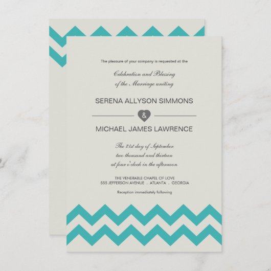 シーフオームグリーン&ティール(緑がかった色)シェブロン結婚式招待状 招待状 (正面/裏面)