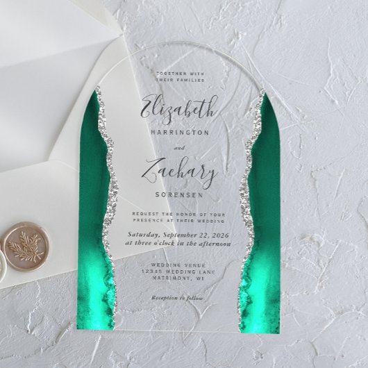 シーフモダンオムグリーンシルバー結婚アゲート アクリル招待状