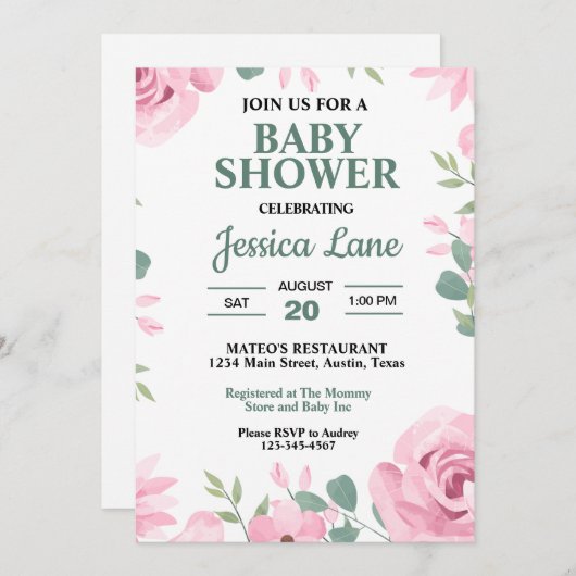 シーフロムグリーンとピンクの赤ちゃんシャワー 招待状 (正面/裏面)