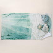 シーフロムグリーンシャワーカーテン付きシーシェルデザイン ビーチタオル (正面)