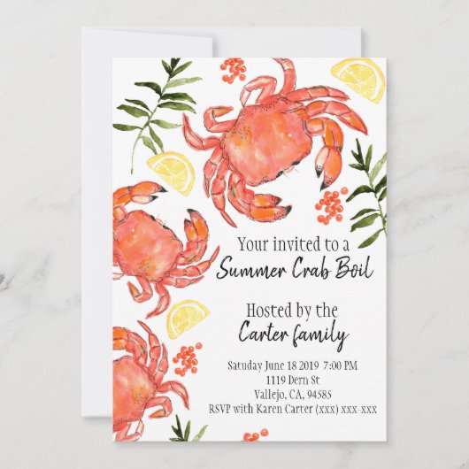 シーフードのカニの沸騰夏のパーティの招待状 招待状 (正面)