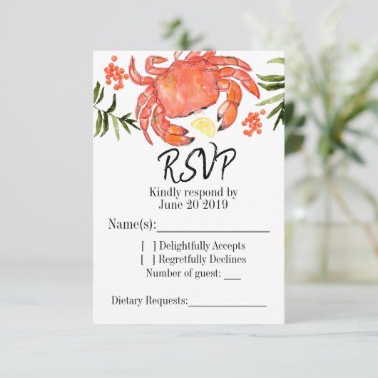 シーフードのカニの沸騰夏のパーティーのRsvpカード 出欠カード (スタンド正面)