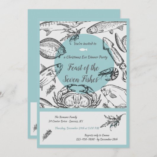 シーフードのペンとインクの招待状 招待状 (正面/裏面)