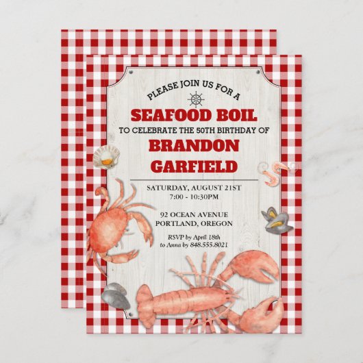 シーフードの沸騰赤いギンガムおよび木パーティー 招待状 (正面/裏面)
