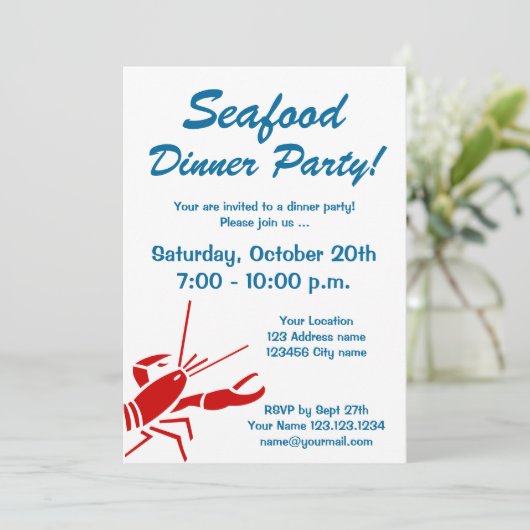 シーフードディナーパーティの招待状と赤ロブスター 招待状 (スタンド正面)
