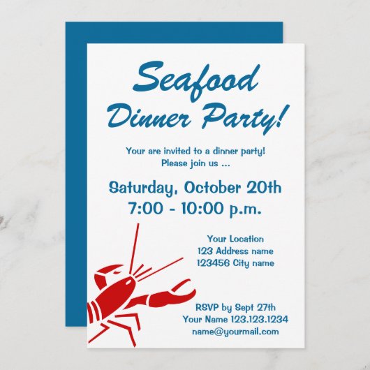 シーフードディナーパーティの招待状と赤ロブスター 招待状 (正面/裏面)