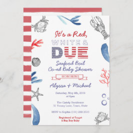 シーフードボイルベビーシャワー、赤い白とデューブルー 招待状