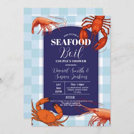シーフードボイル婚約パーティエビ海軍ロブスター 招待状 (正面/裏面)